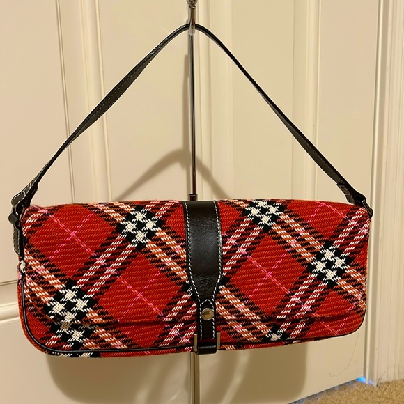 Burberry Handbags - Burberry red plaid tweed and leather hand bag- Amazing Condition!